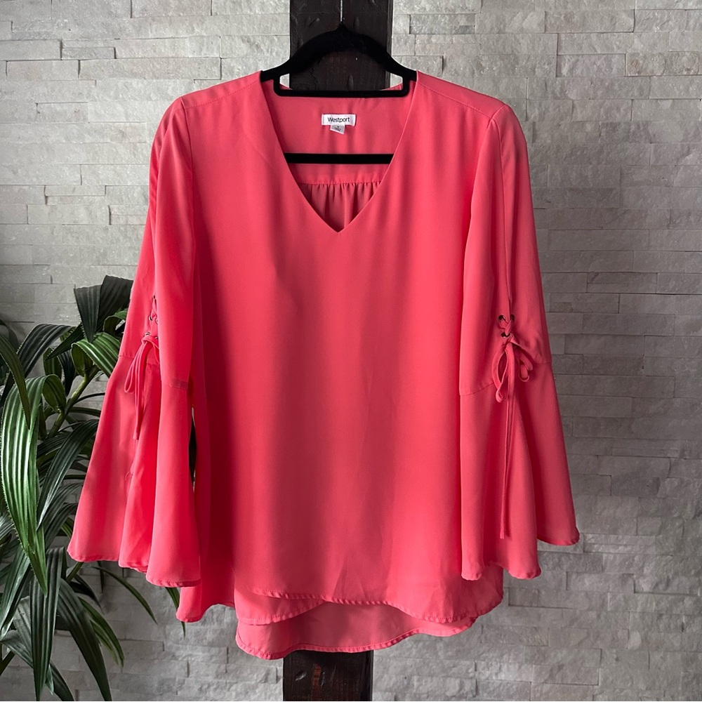 Westport Coral Orange Pink Bell Lace Sleeve V Neck Blouse Size S